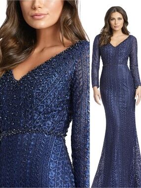 Mac Duggal Navy Beaded Long-Sleeve V-Neck Gown